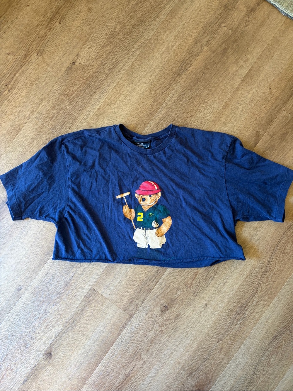 *READ*Vintage Polo Ralph Lauren Polo Bear Cropped T-Shirt Made in USA Navy
